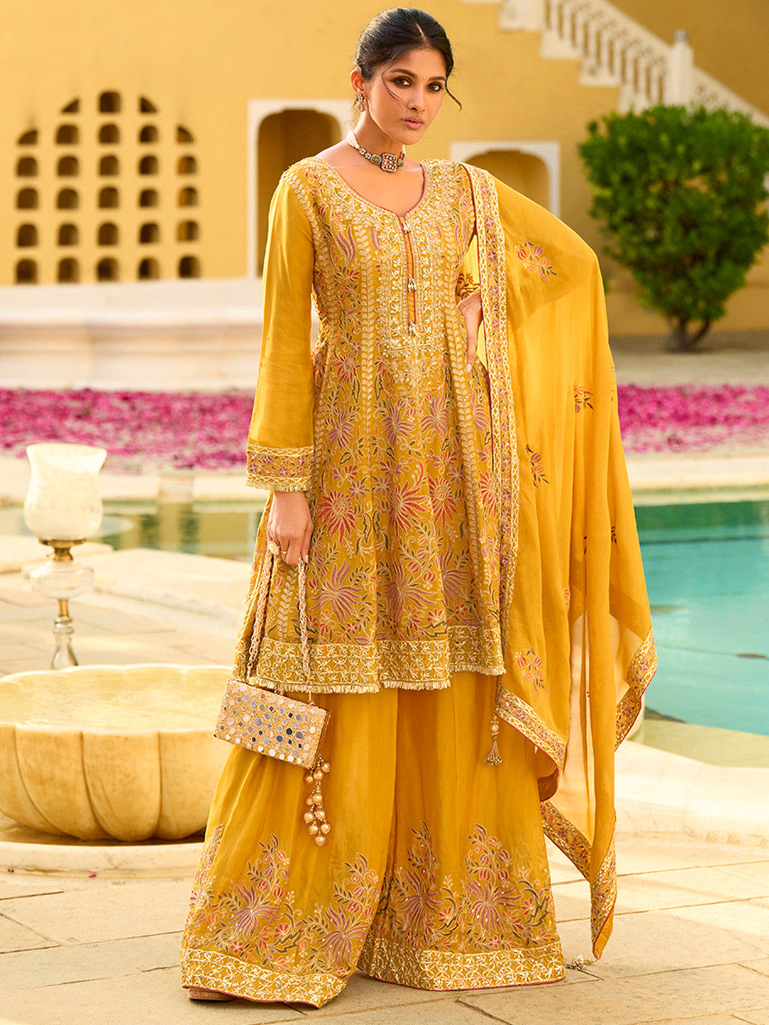 Yellow Chinon Chiffon Embroidered Anarkali Kurta Sharara with Dupatta PKSKD2891