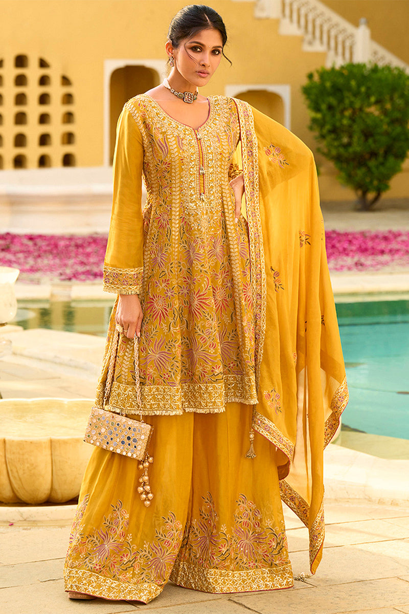 Yellow Chinon Chiffon Embroidered Anarkali Kurta Sharara with Dupatta PKSKD2891