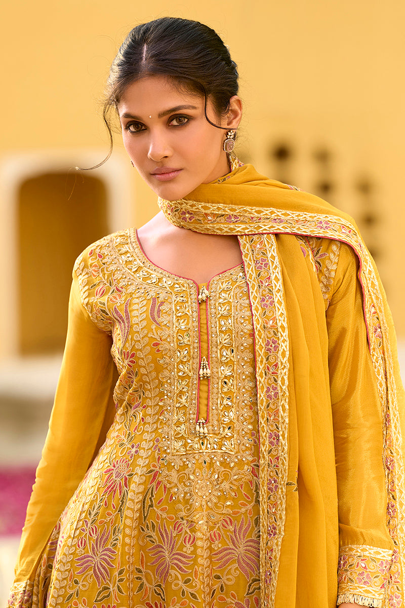 Yellow Chinon Chiffon Embroidered Anarkali Kurta Sharara with Dupatta PKSKD2891