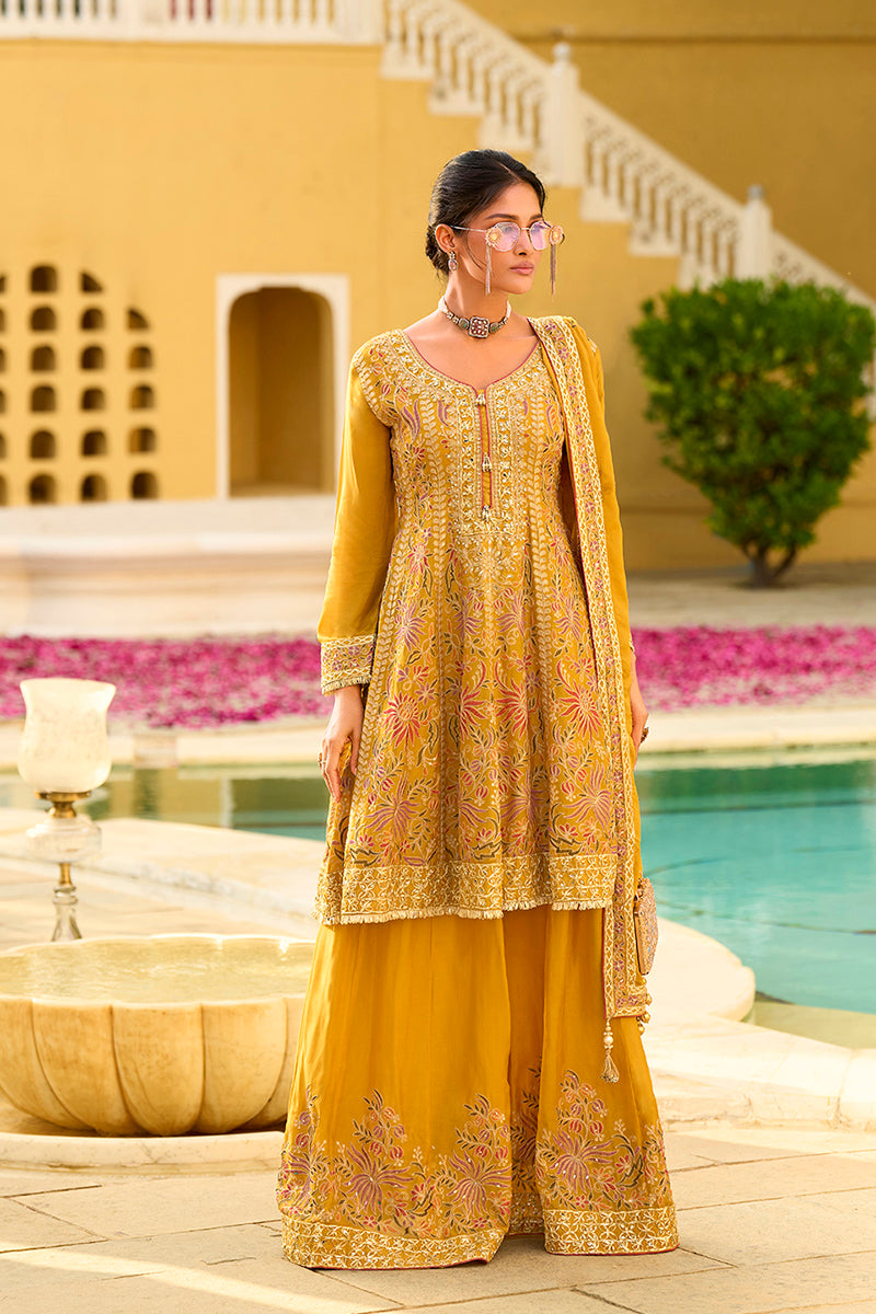 Yellow Chinon Chiffon Embroidered Anarkali Kurta Sharara with Dupatta PKSKD2891