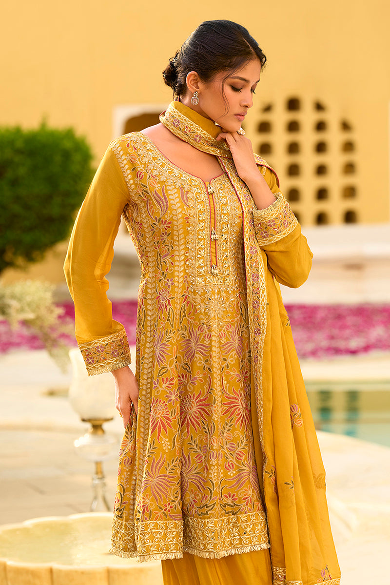 Yellow Chinon Chiffon Embroidered Anarkali Kurta Sharara with Dupatta PKSKD2891