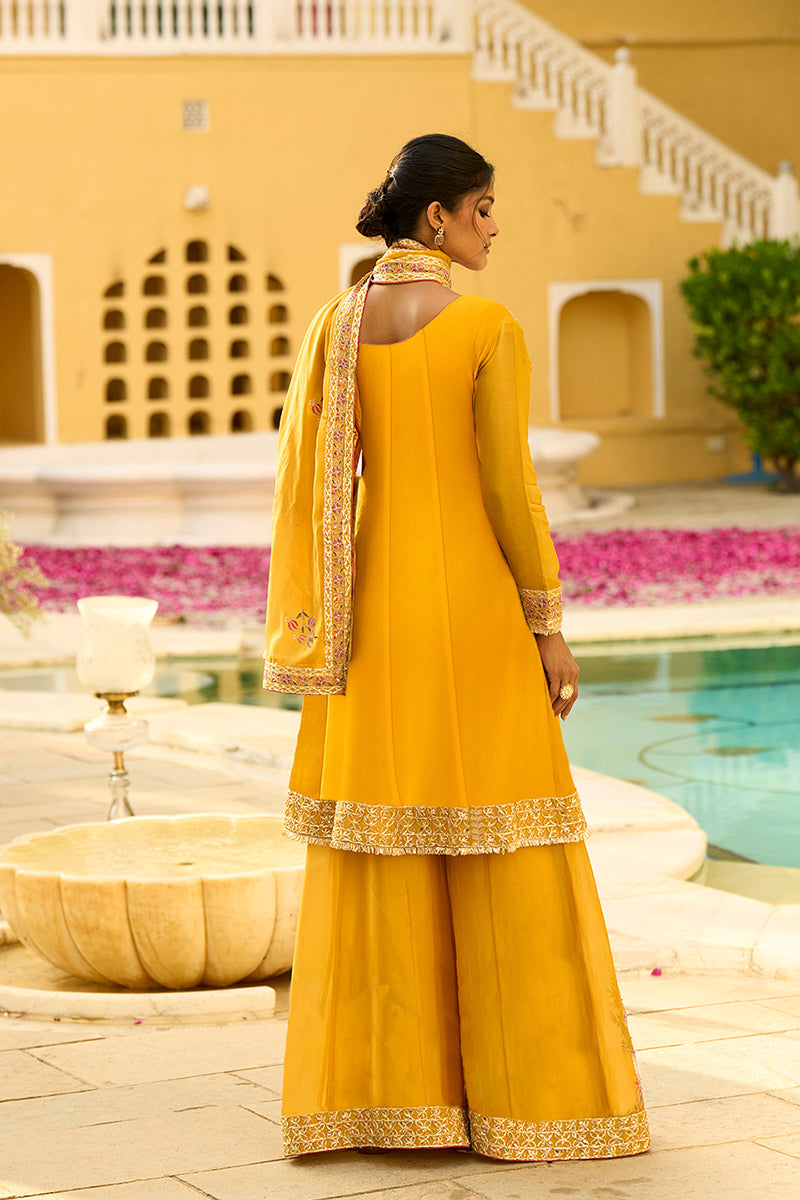 Yellow Chinon Chiffon Embroidered Anarkali Kurta Sharara with Dupatta PKSKD2891