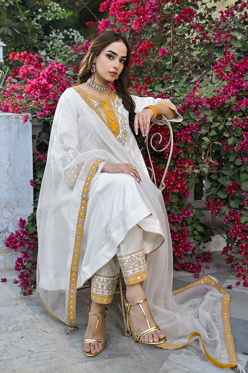 Off White Silk Blend Solid Embroidered Anarkali Kurta Salwar With Dupatta PKSKD2896