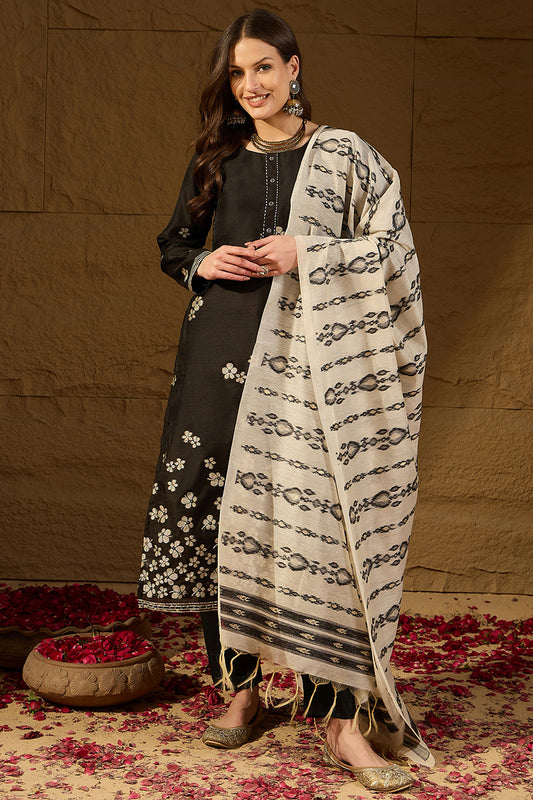 Black Poly Chanderi Solid Embroidered Straight Kurta Bottom and Dupatta PKSKD2900