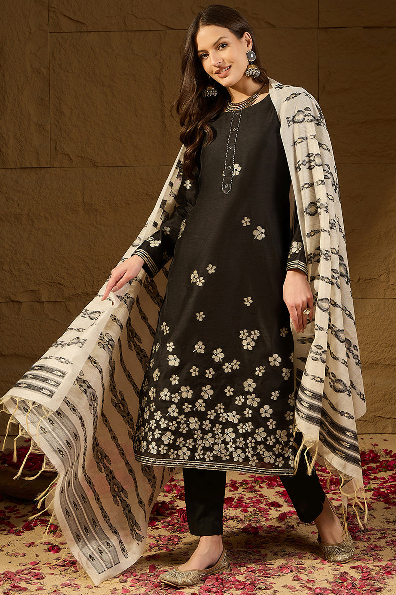 Black Poly Chanderi Solid Embroidered Straight Kurta Bottom and Dupatta PKSKD2900