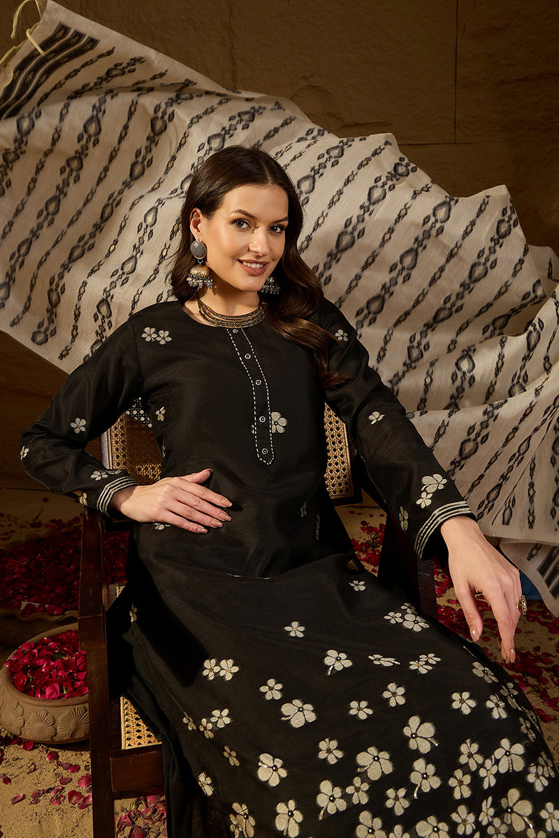 Black Poly Chanderi Solid Embroidered Straight Kurta Bottom and Dupatta PKSKD2900