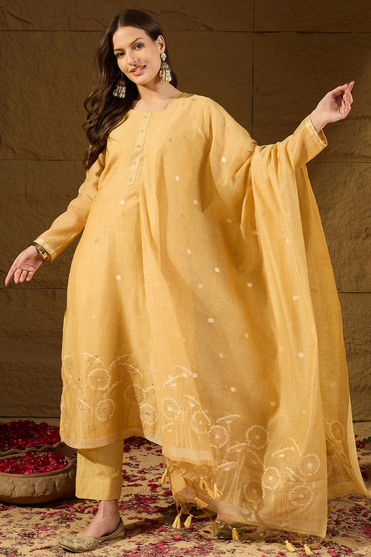Yellow Chanderi Woven Design Straight Kurta Trouser with Dupatta PKSKD2904