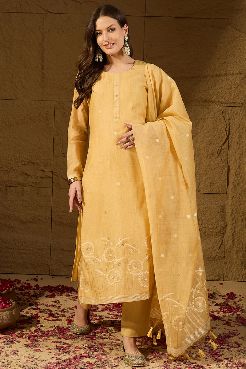 Yellow Chanderi Woven Design Straight Kurta Trouser with Dupatta PKSKD2904