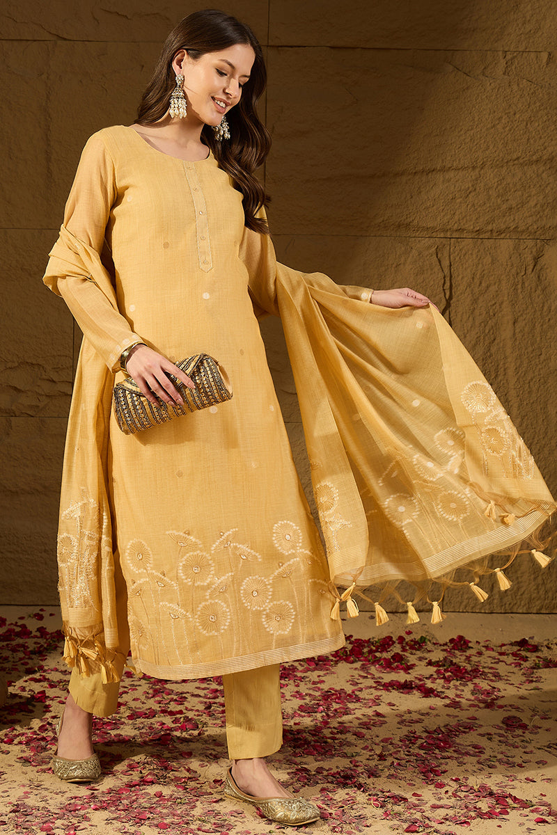 Yellow Chanderi Woven Design Straight Kurta Trouser with Dupatta PKSKD2904