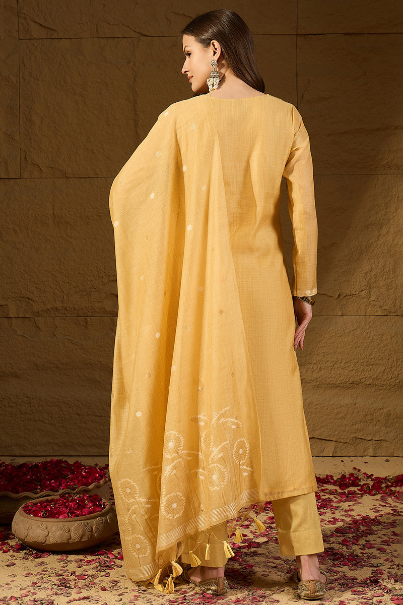 Yellow Chanderi Woven Design Straight Kurta Trouser with Dupatta PKSKD2904