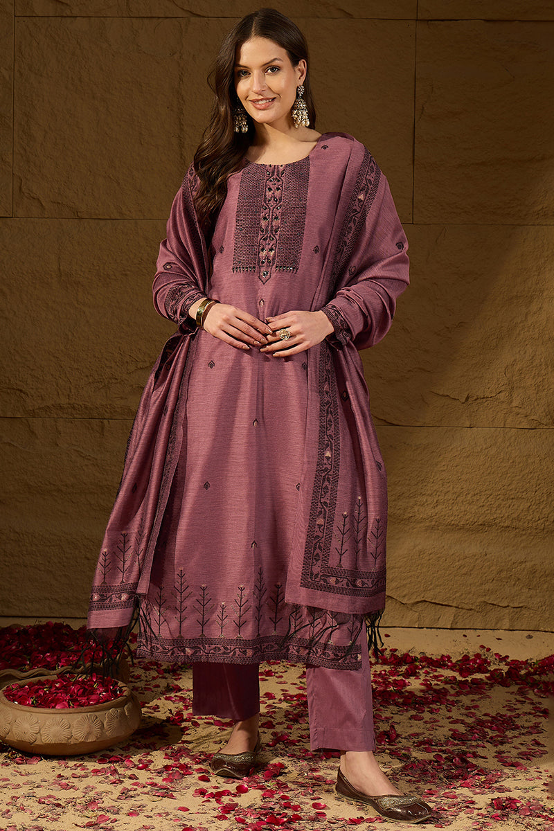 Mauve Chanderi Woven Design Straight Kurta Trouser with Dupatta PKSKD2909