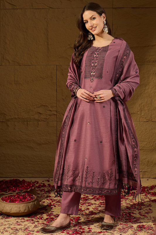Mauve Chanderi Woven Design Straight Kurta Trouser with Dupatta PKSKD2909