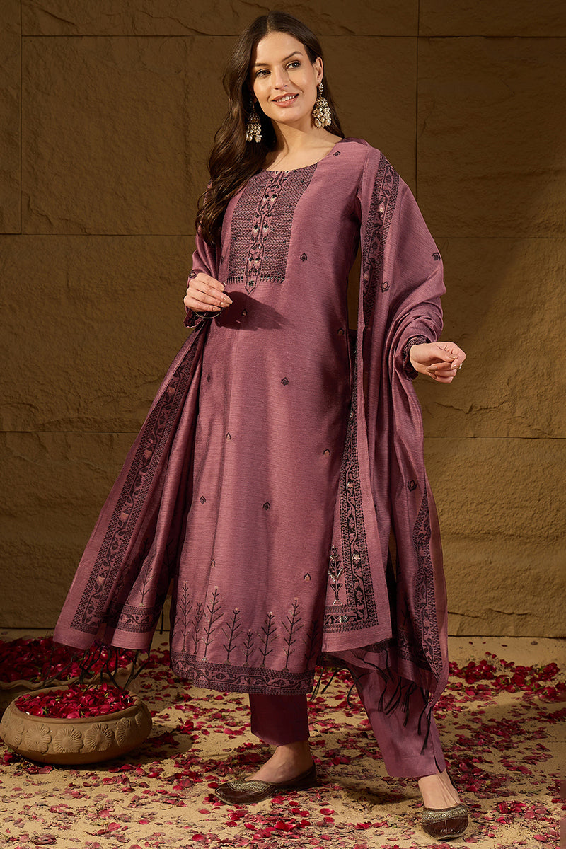Mauve Chanderi Woven Design Straight Kurta Trouser with Dupatta PKSKD2909