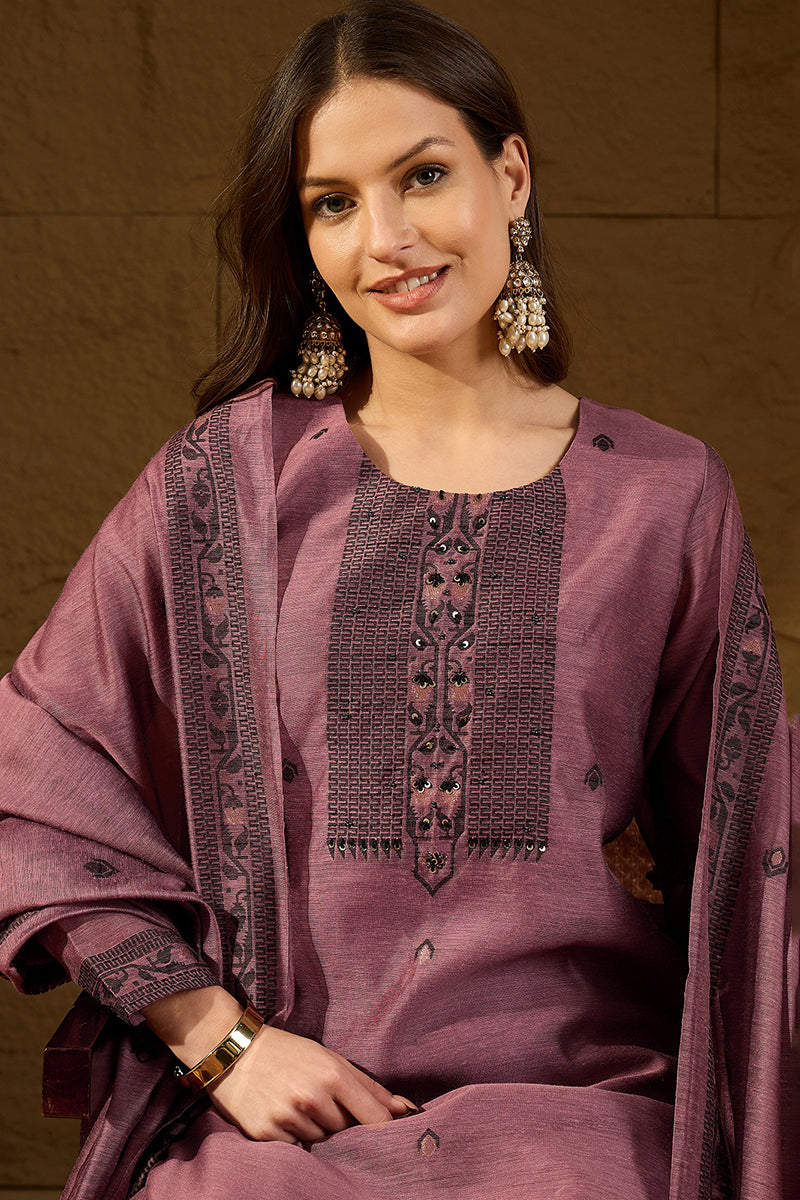 Mauve Chanderi Woven Design Straight Kurta Trouser with Dupatta PKSKD2909