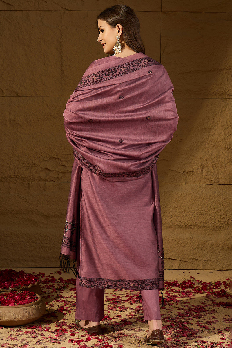 Mauve Chanderi Woven Design Straight Kurta Trouser with Dupatta PKSKD2909