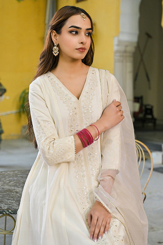 Off White Silk Blend Solid Embroidered A-Line Kurta Trousers With Dupatta PKSKD2915