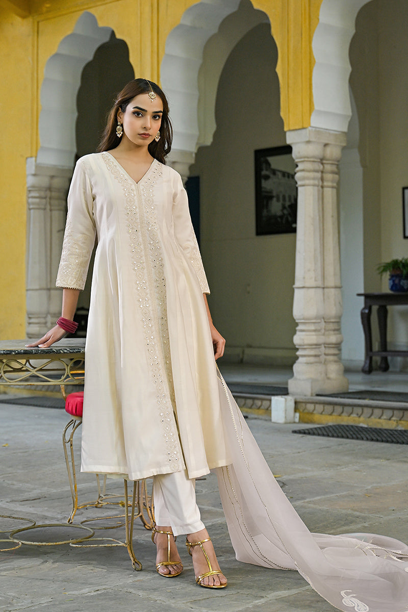 Off White Silk Blend Solid Embroidered A-Line Kurta Trousers With Dupatta PKSKD2915