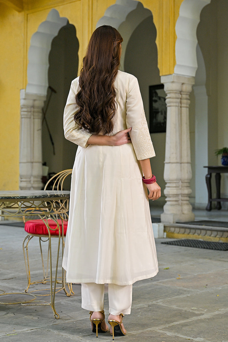 Off White Silk Blend Solid Embroidered A-Line Kurta Trousers With Dupatta PKSKD2915