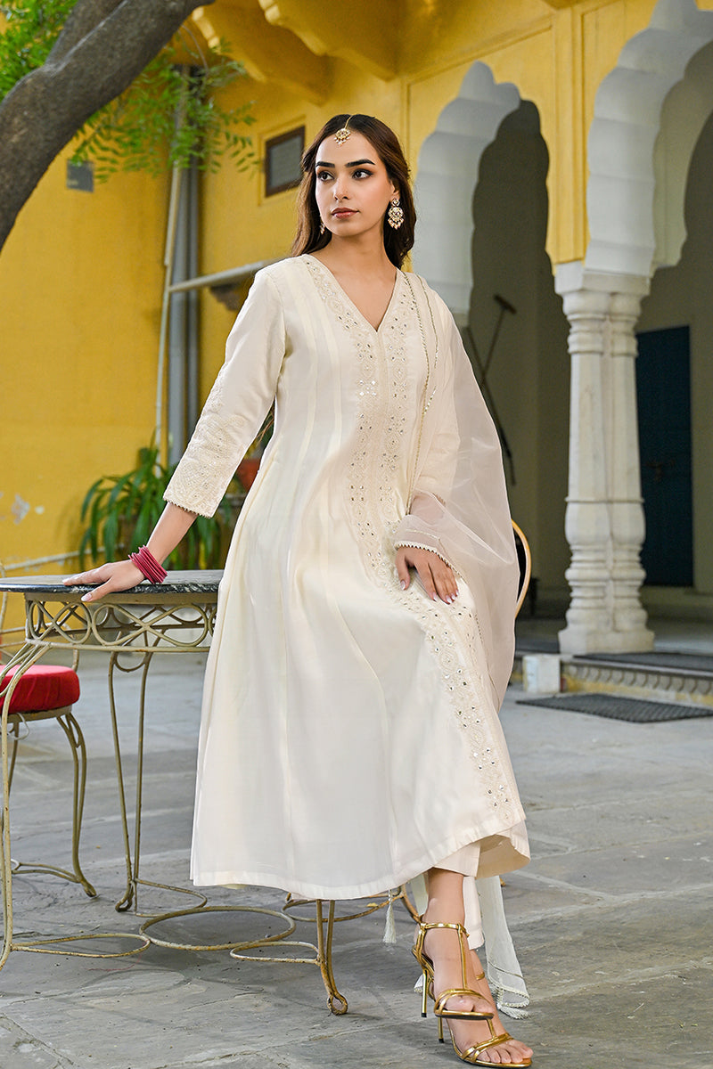 Off White Silk Blend Solid Embroidered A-Line Kurta Trousers With Dupatta PKSKD2915