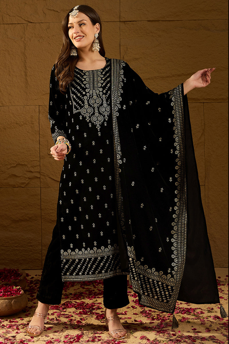 Black Velvet Ethnic Motifs Printed Straight Trousers Suit Set PKSKD2922