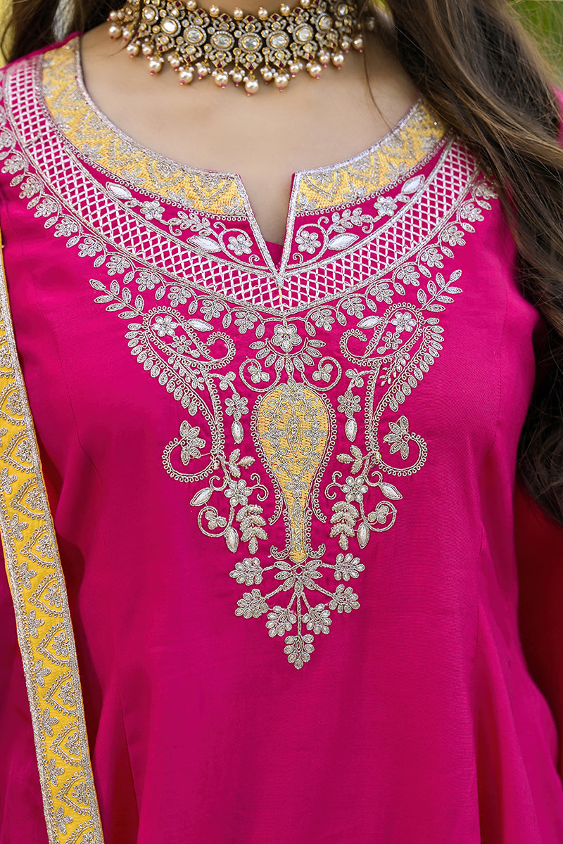 Pink Silk Blend Solid Embroidered Anarkali Kurta Salwar With Dupatta PKSKD2926