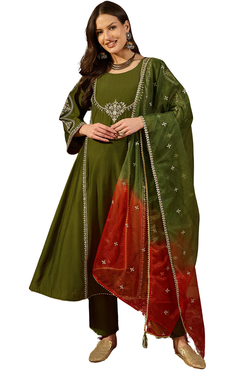 Green Silk Blend Embroidered A-Line Kurta Sets PKSKD2927