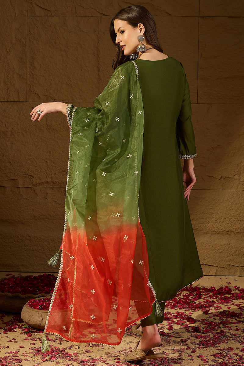 Green Silk Blend Embroidered A-Line Kurta Sets PKSKD2927
