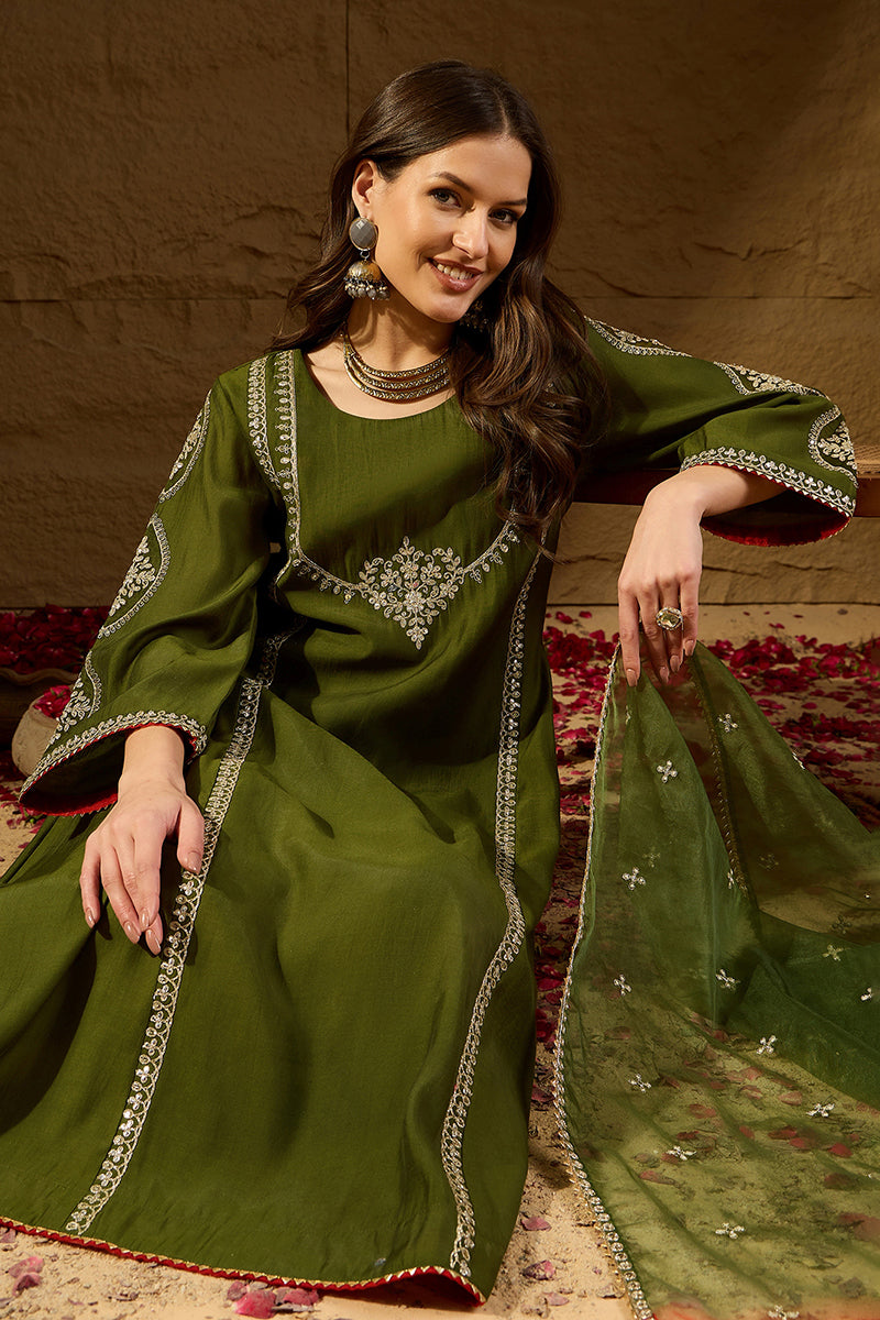 Green Silk Blend Embroidered A-Line Kurta Sets PKSKD2927