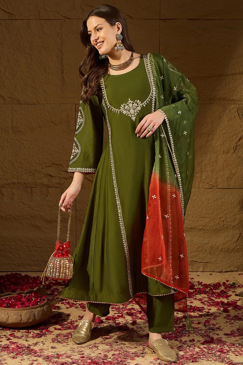 Green Silk Blend Embroidered A-Line Kurta Sets PKSKD2927