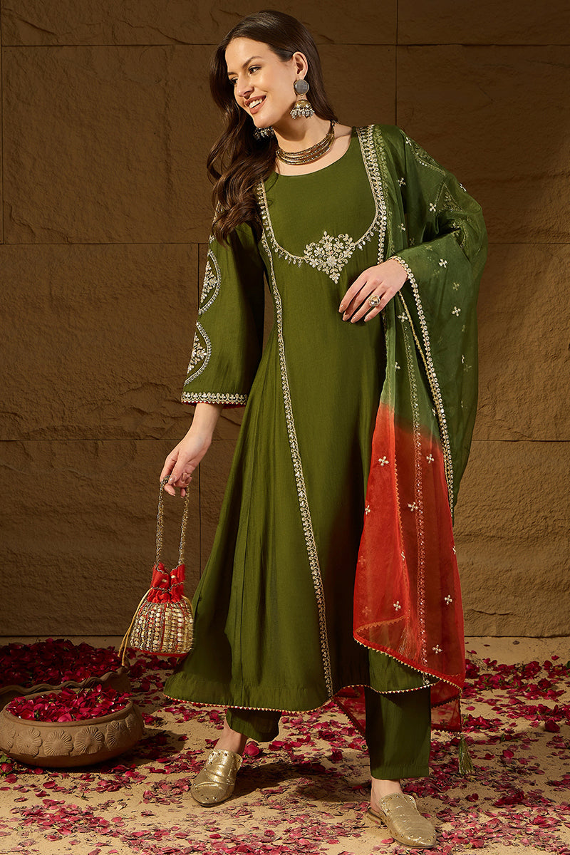 Green Silk Blend Embroidered A-Line Kurta Sets PKSKD2927