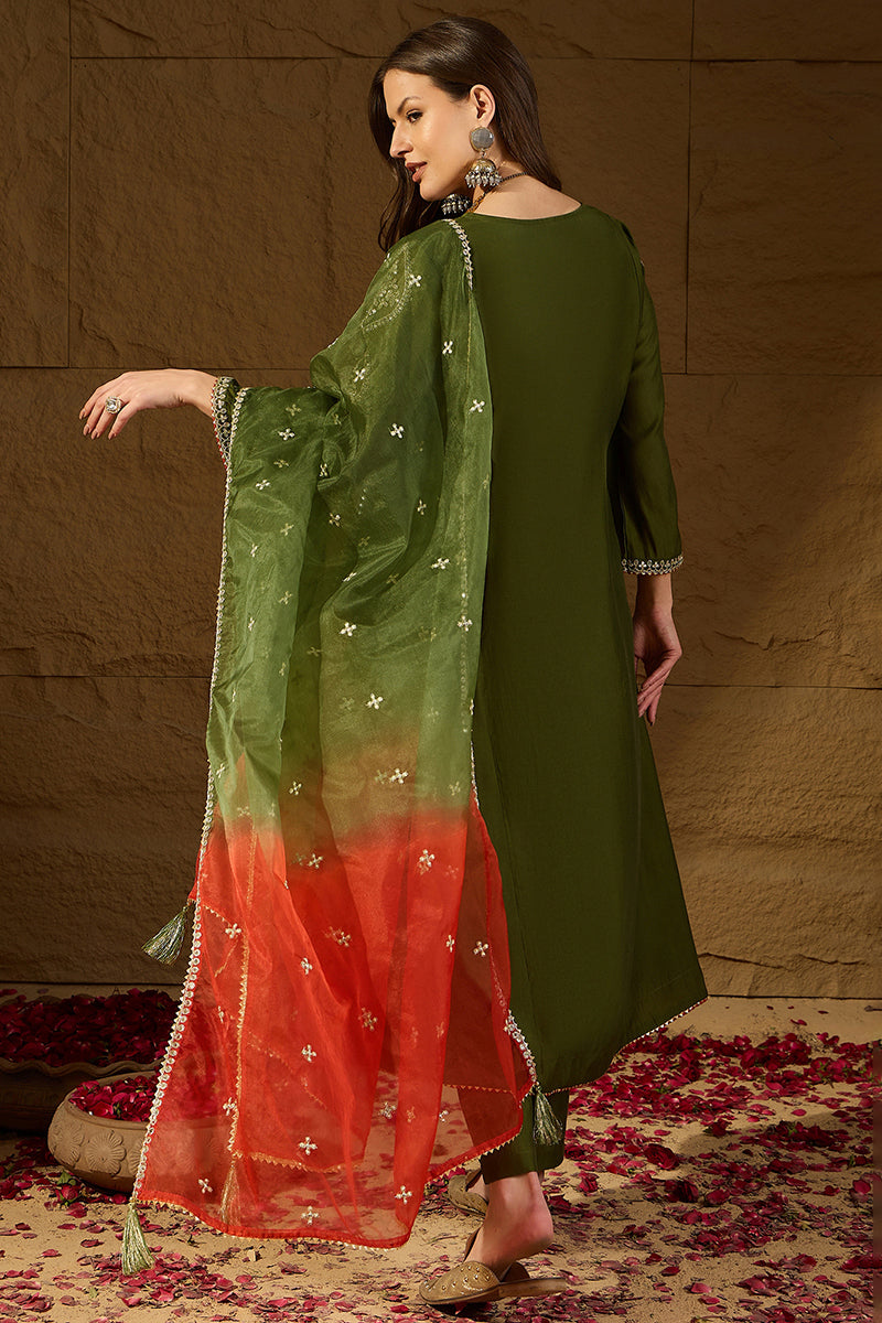 Green Silk Blend Embroidered A-Line Kurta Sets PKSKD2927