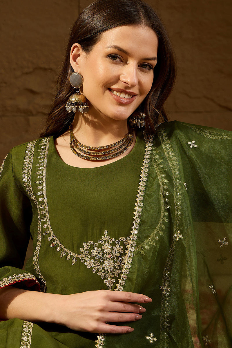 Green Silk Blend Embroidered A-Line Kurta Sets PKSKD2927