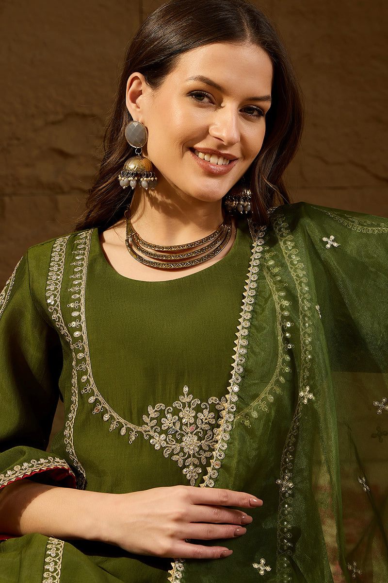 Green Silk Blend Embroidered A-Line Kurta Sets PKSKD2927