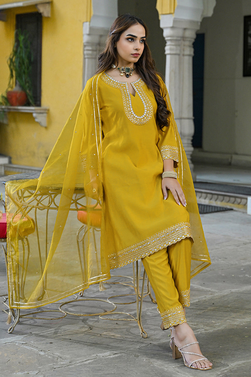 Mustard Silk Blend Solid Embroidered A-Line Kurta Trousers With Dupatta PKSKD2932