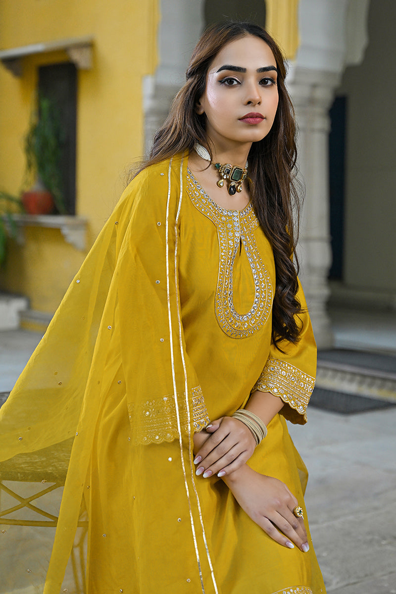Mustard Silk Blend Solid Embroidered A-Line Kurta Trousers With Dupatta PKSKD2932