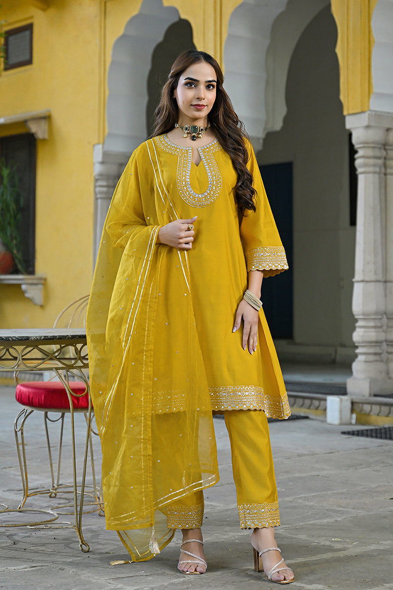 Mustard Silk Blend Solid Embroidered A-Line Kurta Trousers With Dupatta PKSKD2932