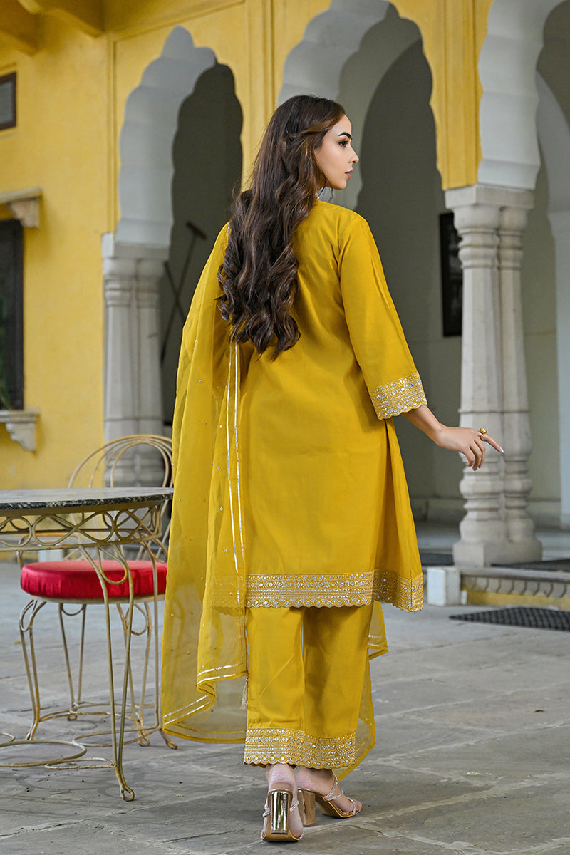 Mustard Silk Blend Solid Embroidered A-Line Kurta Trousers With Dupatta PKSKD2932