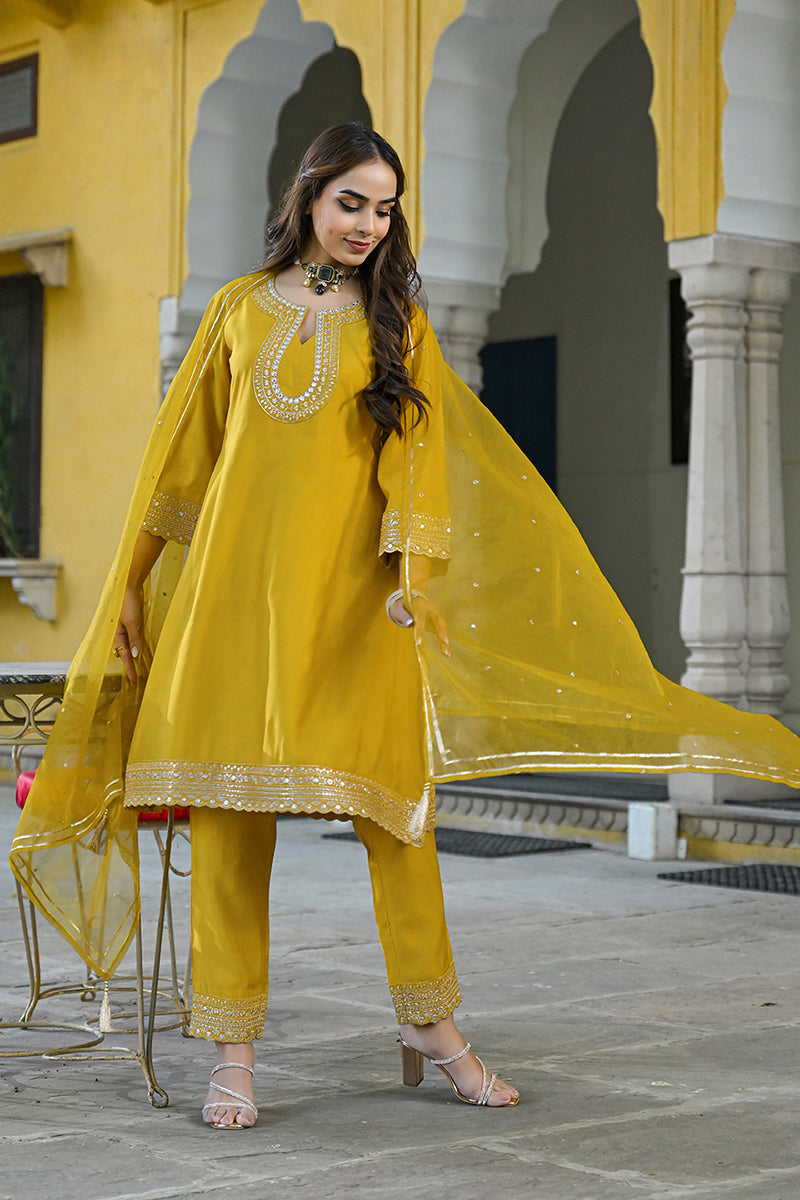 Mustard Silk Blend Solid Embroidered A-Line Kurta Trousers With Dupatta PKSKD2932