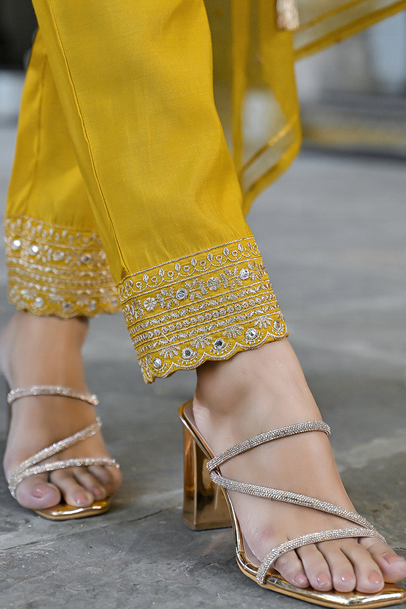 Mustard Silk Blend Solid Embroidered A-Line Kurta Trousers With Dupatta PKSKD2932