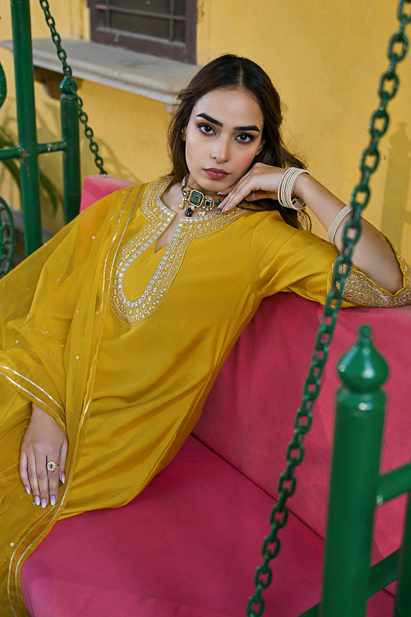 Mustard Silk Blend Solid Embroidered A-Line Kurta Trousers With Dupatta PKSKD2932