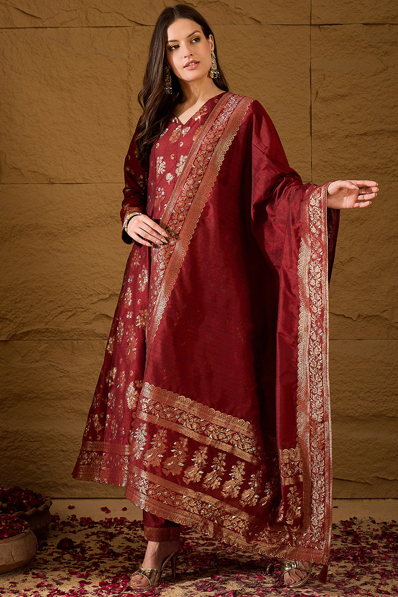 Ahika Womens Maroon Chanderi Floral Self Design Gown & Trouser With Dupatta PKSKD2936