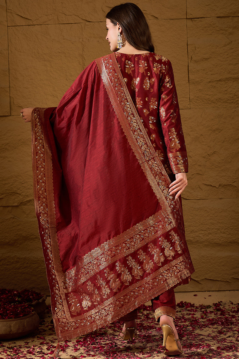 Ahika Womens Maroon Chanderi Floral Self Design Gown & Trouser With Dupatta PKSKD2936