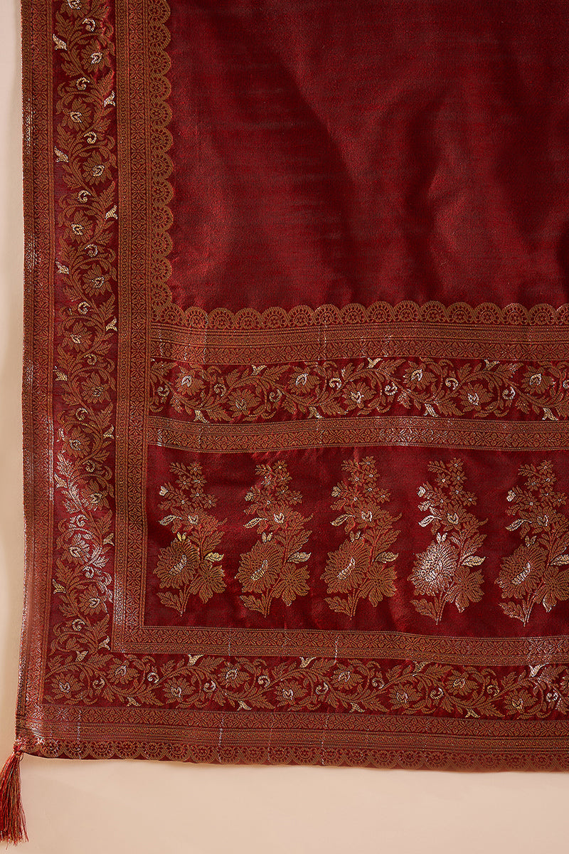 Ahika Womens Maroon Chanderi Floral Self Design Gown & Trouser With Dupatta PKSKD2936