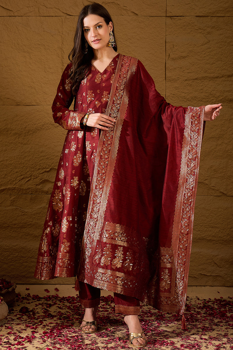 Ahika Womens Maroon Chanderi Floral Self Design Gown & Trouser With Dupatta PKSKD2936