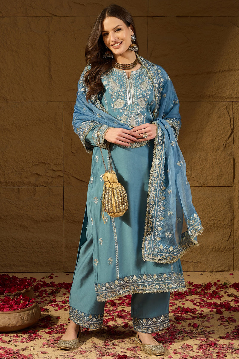Blue Silk Blend Solid Embroidered Straight Kurta Trousers With Dupatta PKSKD2937