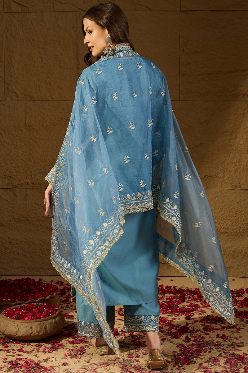 Blue Silk Blend Solid Embroidered Straight Kurta Trousers With Dupatta PKSKD2937