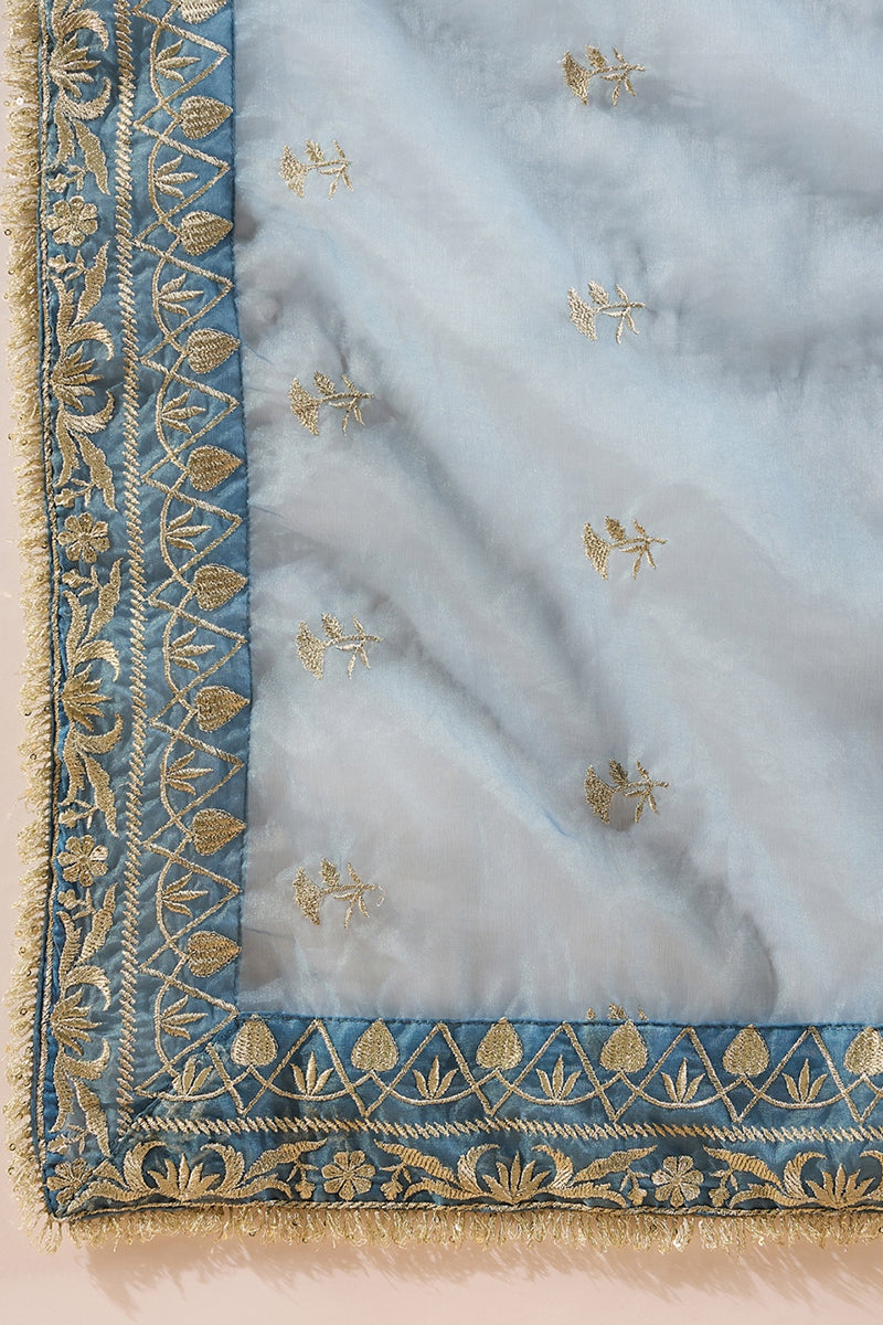 Blue Silk Blend Solid Embroidered Straight Kurta Trousers With Dupatta PKSKD2937