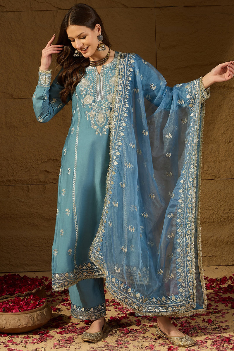 Blue Silk Blend Solid Embroidered Straight Kurta Trousers With Dupatta PKSKD2937