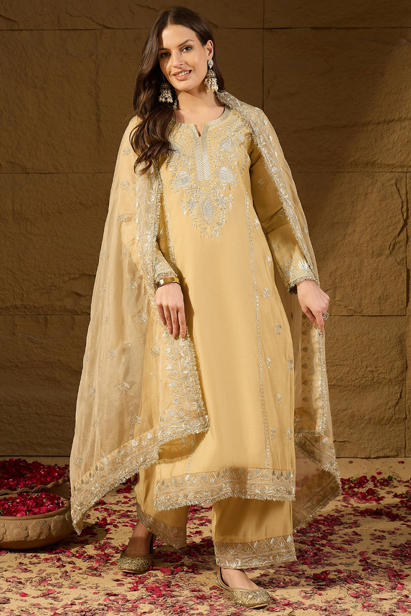 Yellow Silk Blend Solid Embroidered Straight Kurta Trousers With Dupatta PKSKD2938