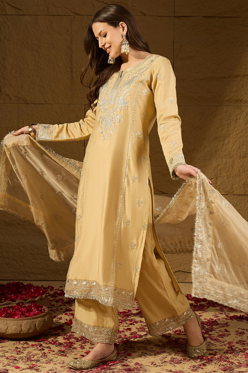 Yellow Silk Blend Solid Embroidered Straight Kurta Trousers With Dupatta PKSKD2938